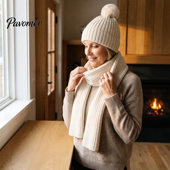 Fashionable Vertical Stripe Knitwear Winter Hat Scarf Gloves Set, Knitted with Pompom, Touch Screen Gloves, Cold Weather Essential Set Warm