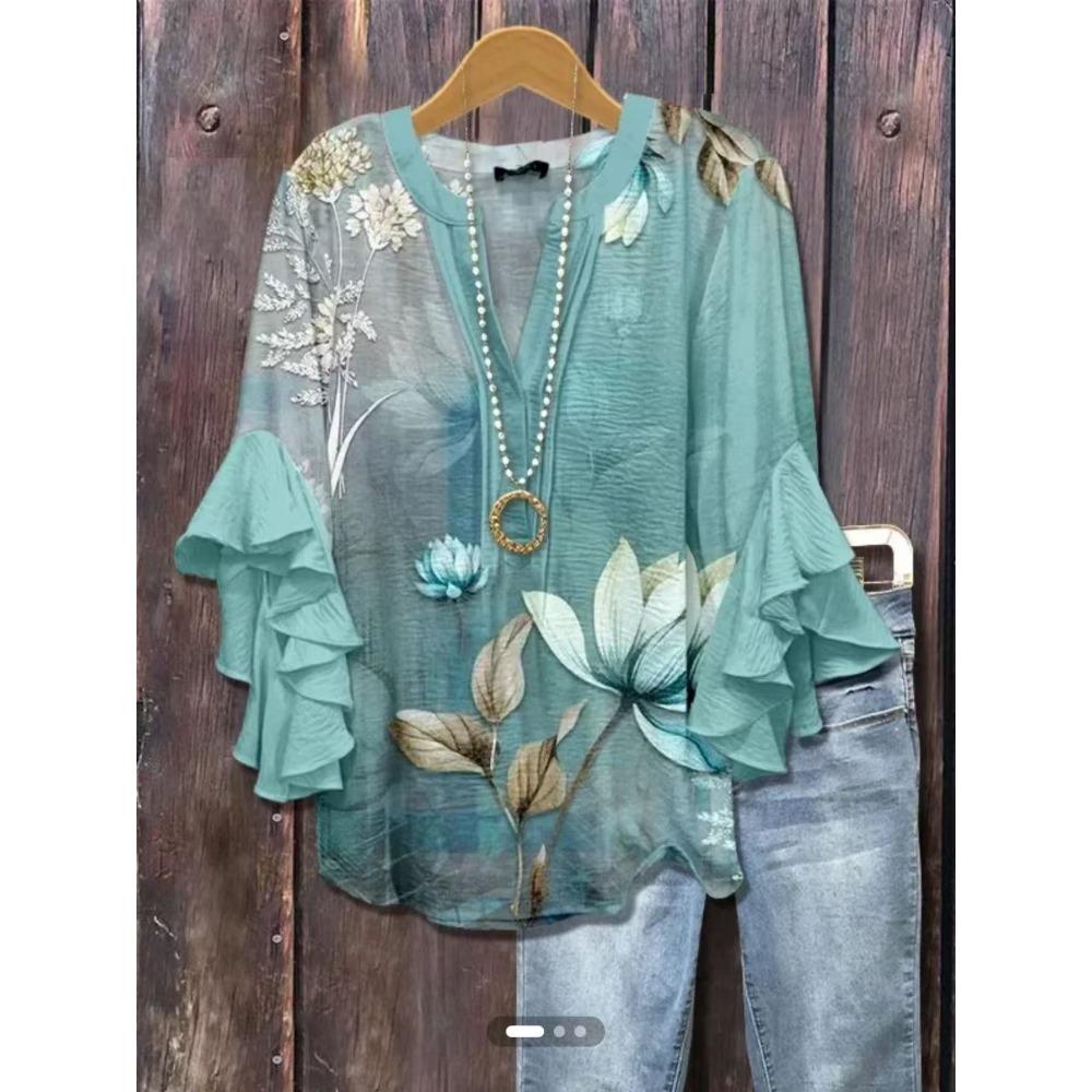 Large Women's Bohemian V-neck Shirt with Ruffle Sleeves, Grey Brown Floral Print Top, Casual Breathable Machine Washable Pullover