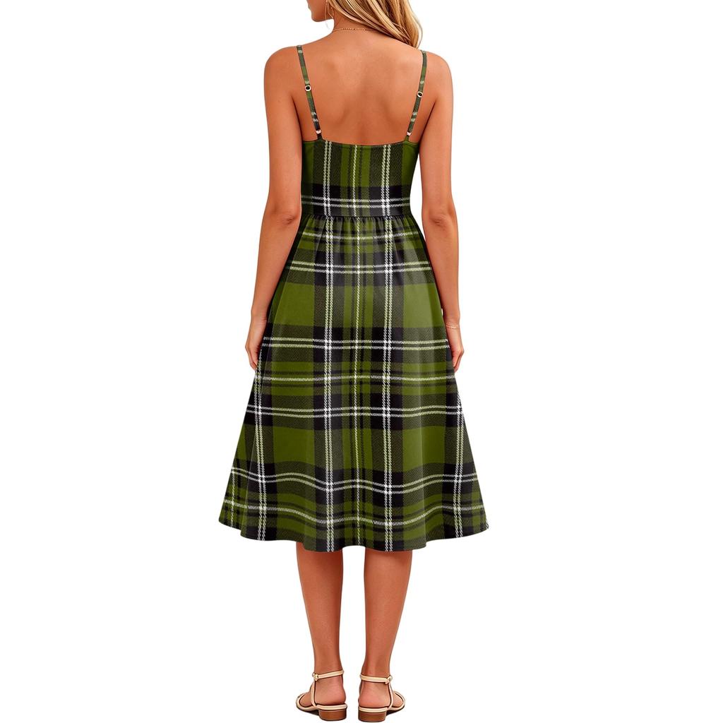 Women’s Plaid Print Casual Sleeveless Adjustable Strap Midi Dress with Pockets Relaxed Fit Square Neckline