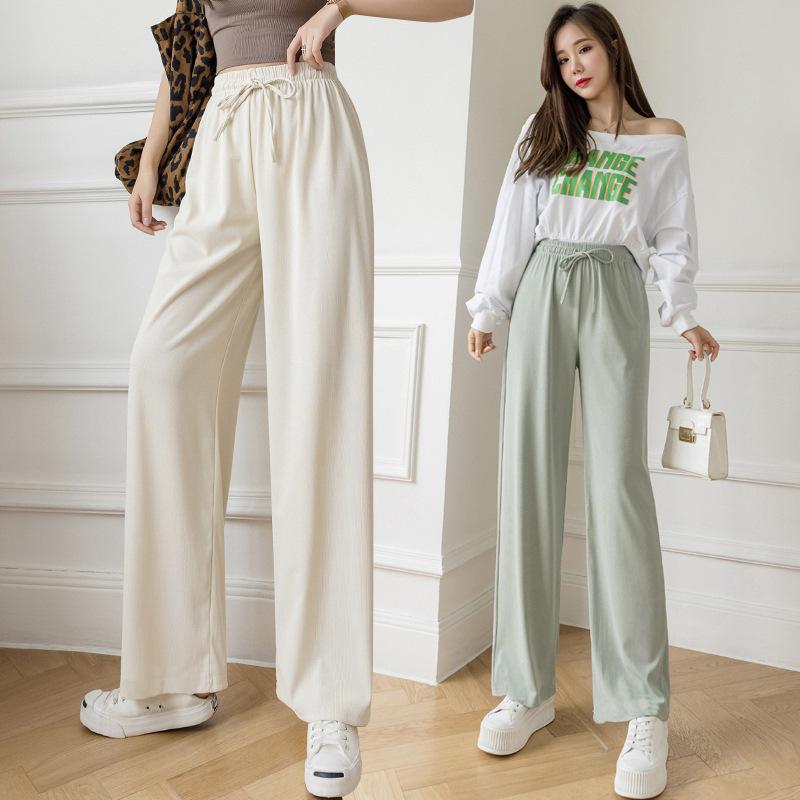 GMXIA Women's Ice Silk Pants Women's Summer Slim Draping High Waist Loose Straight Pants Floor Length Casual Wide Leg Pants