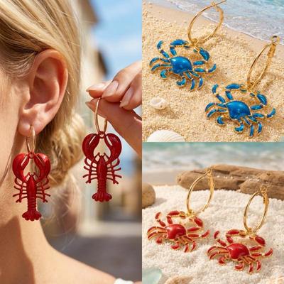 Gold Beach Hoop Earrings for Women Enamel Lobster Crab Pendant Summer Jewelry Boho Accessories
