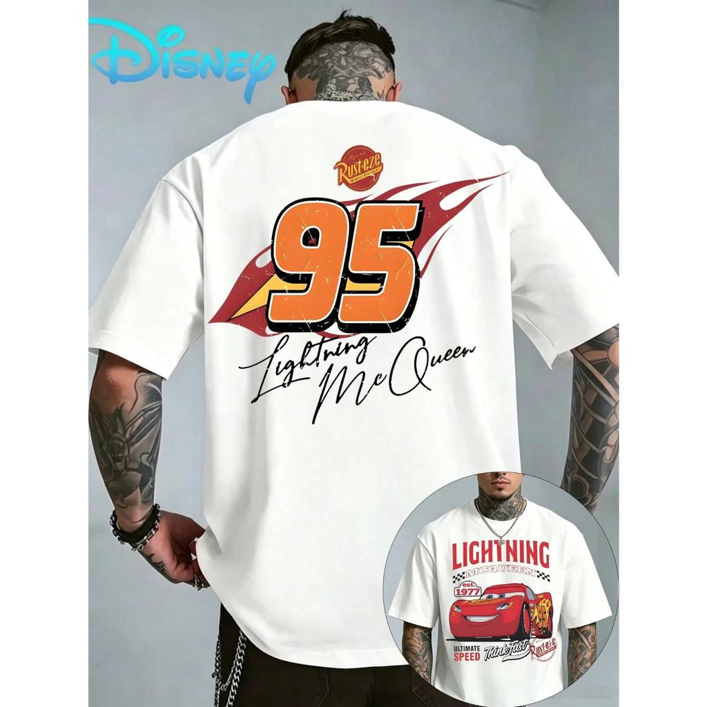 Disney Cars Lightning McQueen T-shirt 95 Think Fast Double-Sided Print Cotton Men Women Oversized Loose Streetwear Short Sleeve Female Male Clothing