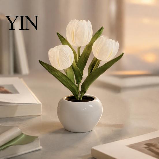Decorative LED Tulip Lamp Flower Table Lamp, Battery Powered Artificial Night Light with Ceramic Pot, Floral for Bedroom Bedside Home Wedding