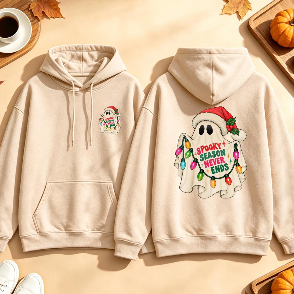 Women Hoodie Spooky Season Never Ends Ghost Christmas Lights Santa Hat Funny Graphic Pullover Sweatshirt Casual Halloween Top