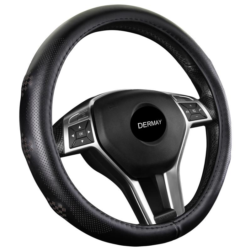 

DERMAY Genuine Leather Car Steering Wheel Cover Top Layer Leather M Size 38cm Non-slip 6 Bulges With Breathable Holes 3