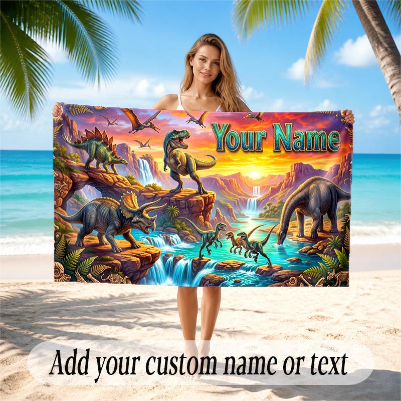 Dinosaur Theme Quick Dry Beach Towel Custom Name Text Print Large Sand Resistant Towel Beach Vacation