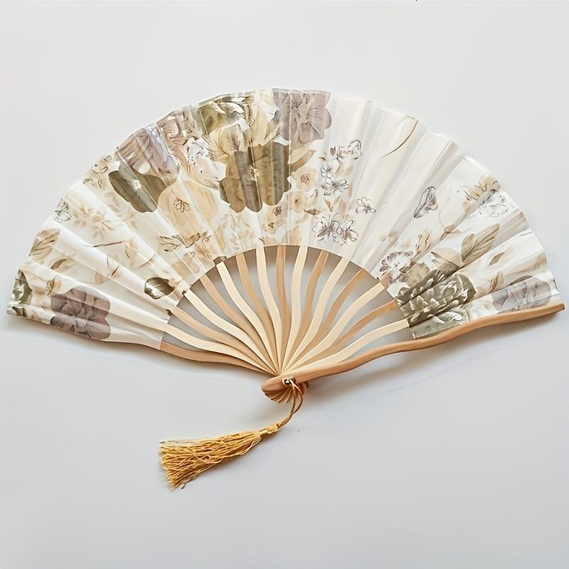 Traditional Chinese Ink Painting Folding Fan Portable Bamboo Cloth Hand Fan with Floral Pattern and Tassel for Qipao Accessory
