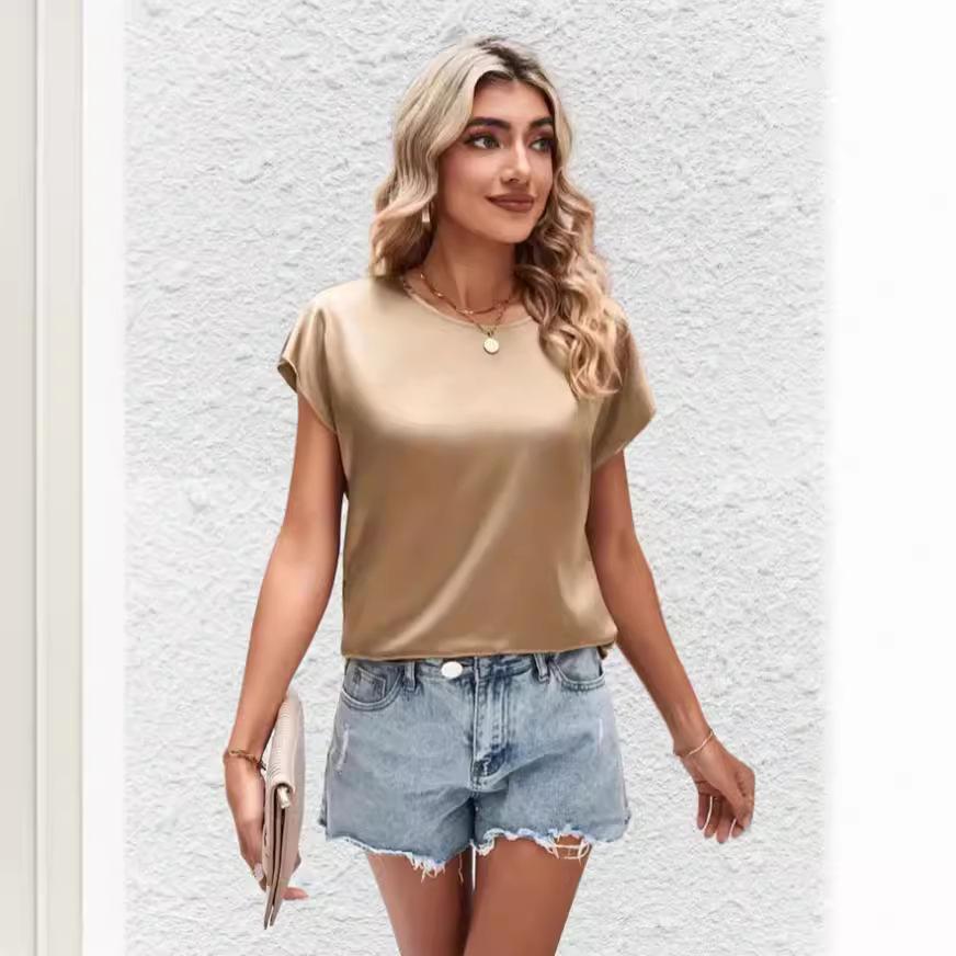 Summer Women's Round Neck Solid Color Casual Top with Batwing Sleeves and Satin Imitation Silk Short Sleeved Blouses & Shirts