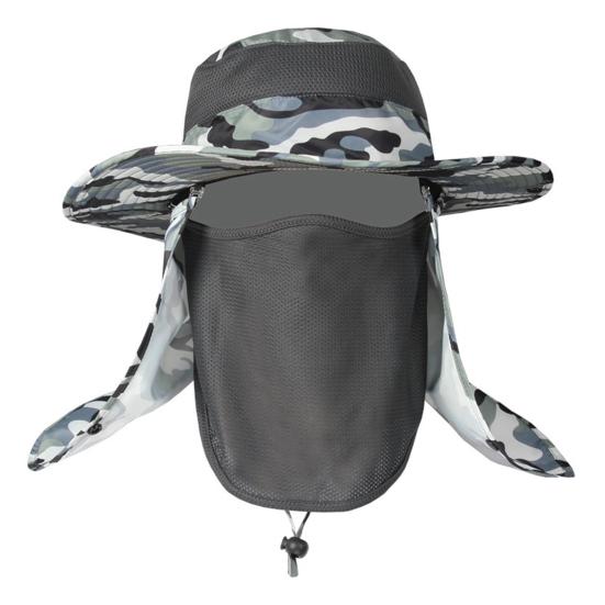 Sun Hat with Windproof Rope 360-Degree Sunshade System Curly Foldable Brim Outdoor Hat with Face Guard Shawl