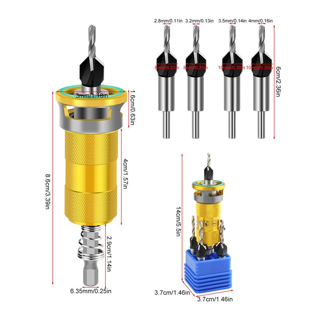 Countersink Drill Bit Set Metal 4-Flute Woodworking Tools 4 Pieces Countersink Drill Bit Set for Wood for Cabinet Furniture Home