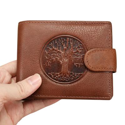 Vintage Tree of Life Genuine Leather Men Wallet Embossed Cowhide Bifold Purse with Coin Pocket Credit Card Holder