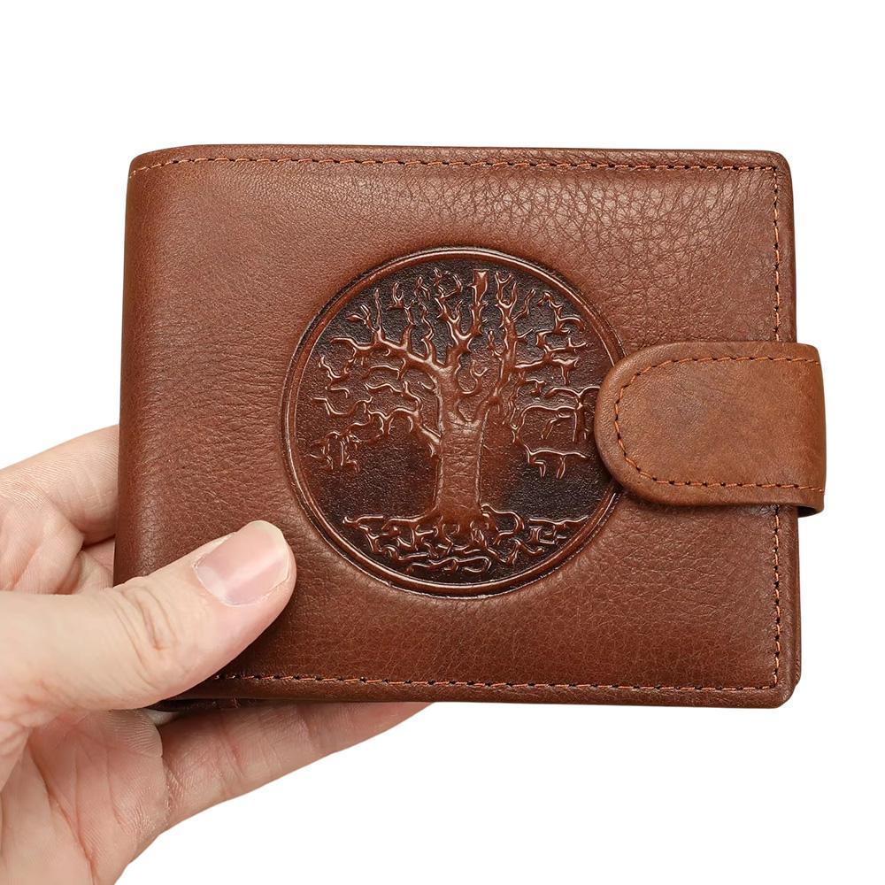 Vintage Tree of Life Genuine Leather Men Wallet Embossed Cowhide Bifold Purse with Coin Pocket Credit Card Holder
