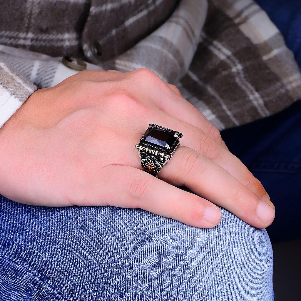 Exquisite 925K Onyx Stone Silver Men's Ring - Unique Turkish Handcrafted Ottoman Style - Ideal Gift for Him