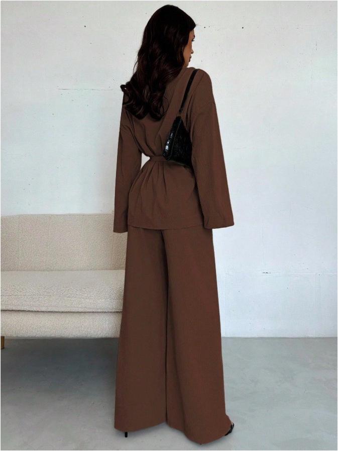 European V-Neck Elegant Women's Suit with Long Sleeves and Wide-Leg Pants