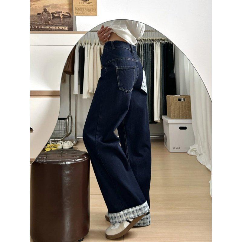 Dark Blue Fleece-Lined Straight-Leg Women s Jeans - 2025 Winter High Waist with Rolled Cuffs and Loose Hip-Covering Fit. M