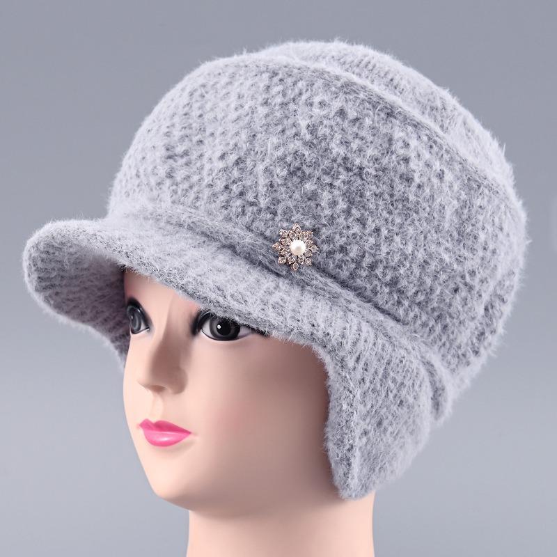 Hat Female Winter Rabbit Hair Warm Wool Hat Old Lady Cold Protection Ear Protection Knitted Hat