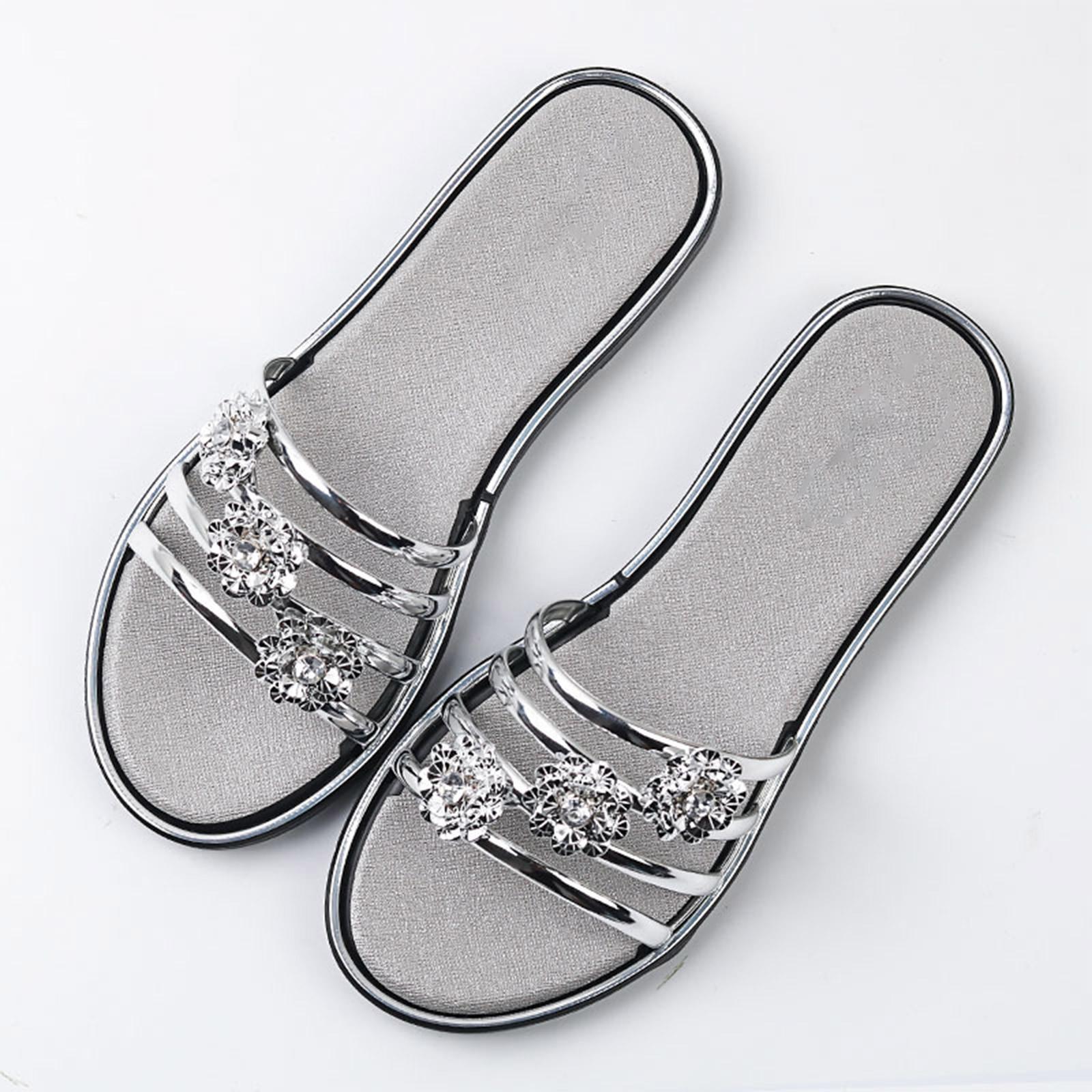 

Women s Beach Flat Bottomed Rhinestone Flip Flops Are Lightweight And Casual Suitable For Wearing The Outside With Flip Flops 38 срібний