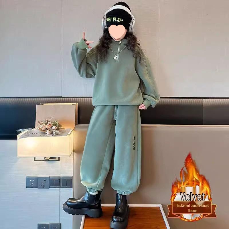 

Комплект спортивной одежды для девочек на весну/осень 2025 года: Свитшот и брюки из овечьей шерсти для учеников средней школы 170 cm