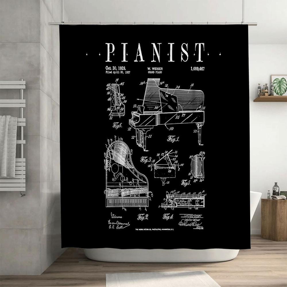 Vintage Piano Diagram Shower Curtain Rustic Music Room Decor Washable Bathroom Curtains Wall Art Home Decor Gift