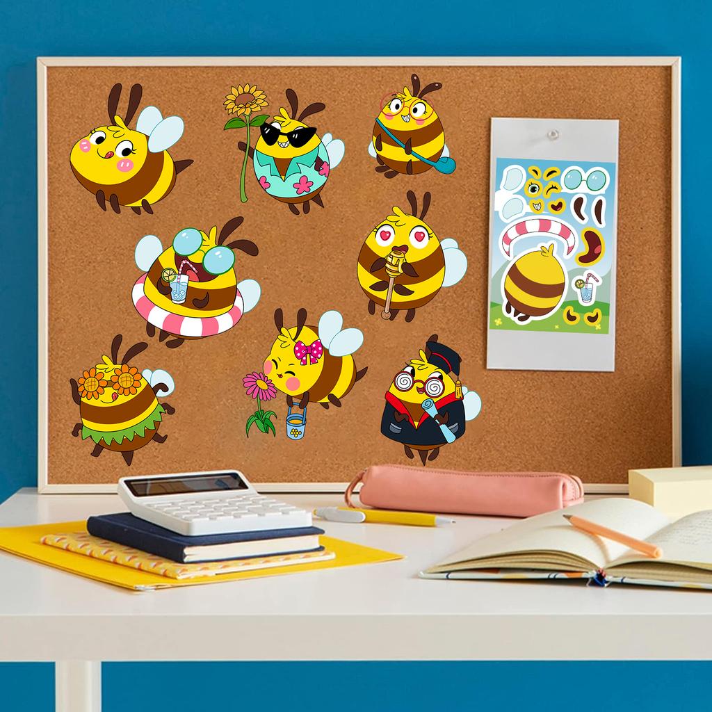 8PCS Bee Sticker Set Cartoon Doodle Collage Laptop Phone Decorations Waterproof Stickers