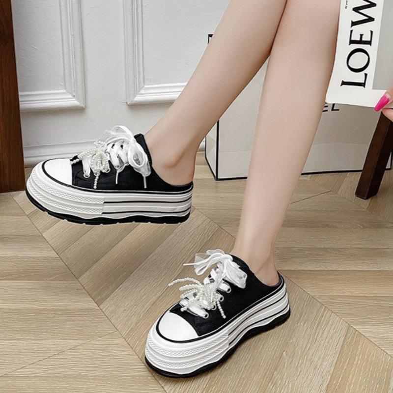 Women Slippers Fashion Thick-soled Canvas Shoes Summer Baotou Half Slipper Pearl Decoration Casual Shoes for Women Canvas Slides