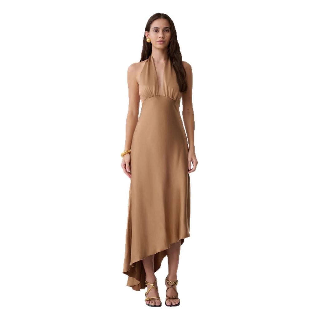 Women's Solid Color Satin Sleeveless V-Neck Neck Dress Slim Fit Irregular Sexy Backless Lace-Up Long Dress