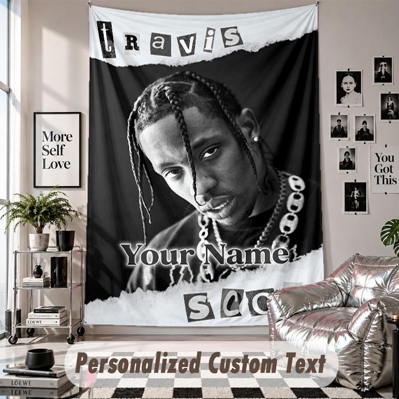 Wall Hanging Tapestry With Custom Name & Text, Travis Scott Decorative Tapestry For Bedroom