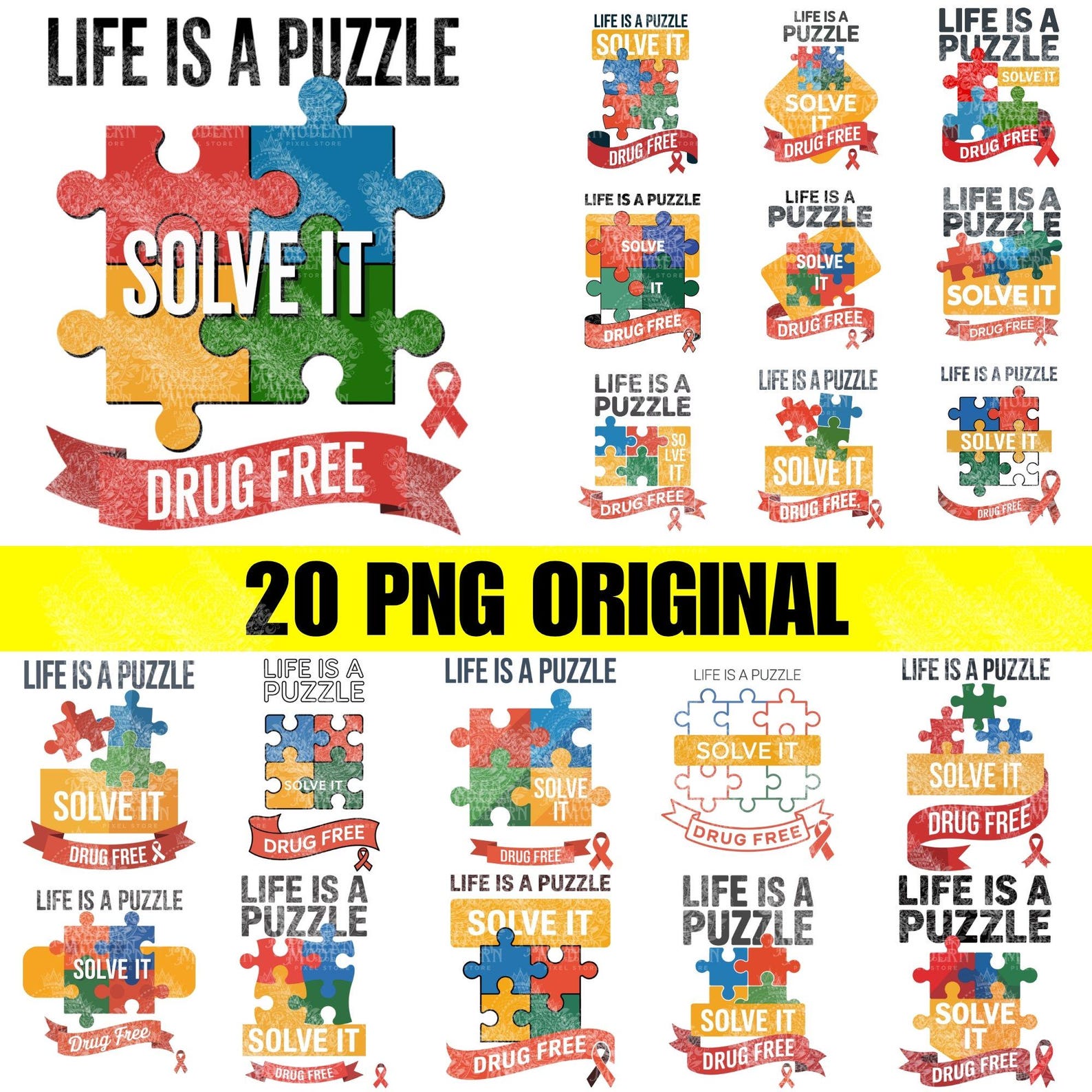 20 Life Is A Puzzle Solve It Drug Free PNG SVG T-Shirt Design | Red Ribbon Week Shirt | Drug Free Awareness PNG | School Spirit Tee Design 3XL