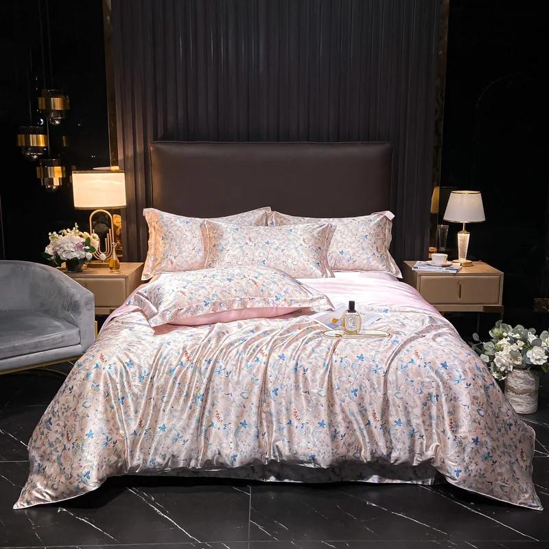 Luxury High-end Silk Bedding Set Silky Satin Quilt Cover Set Printed Queen King Duvet Cover Soft Gift for Your Lover Friends