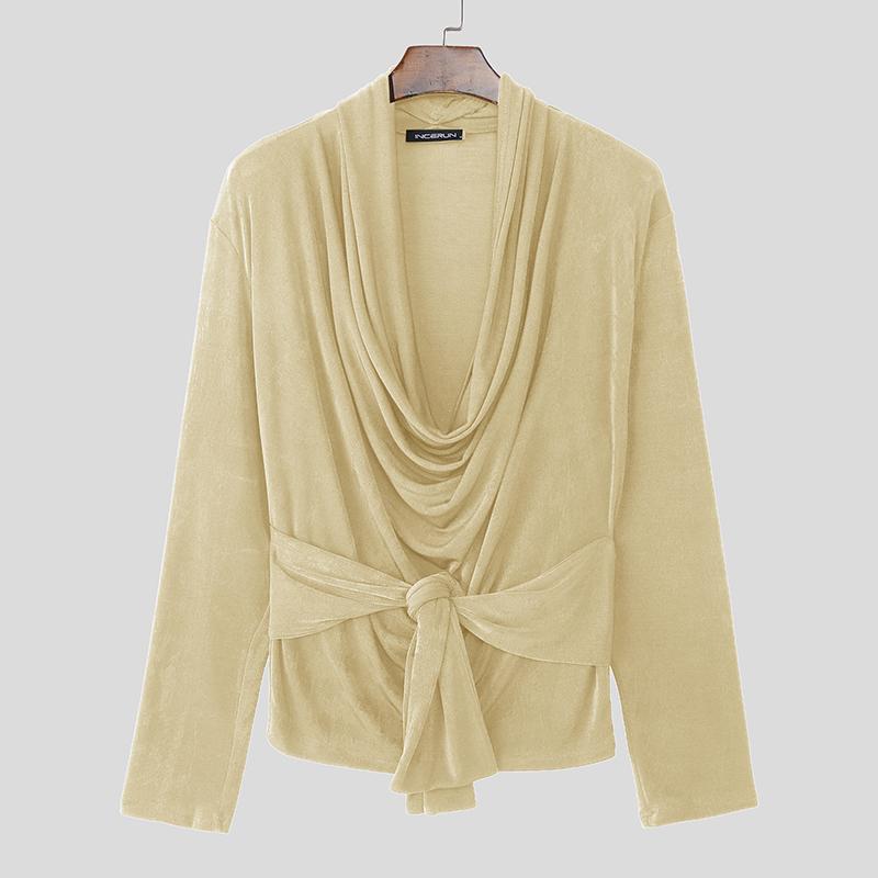 INCERUN Autumn Spring Men Swing Collar Long Sleeve Bandage Waist Casual Tops T-shirts