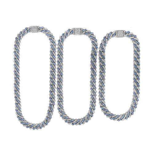 Takeda Jewelry Men's Iced Out Cuban Chain Necklace, Silver and Blue Rhinestones, Wide Chain, Street Style Accessory, 45/50/55cm (55cm)