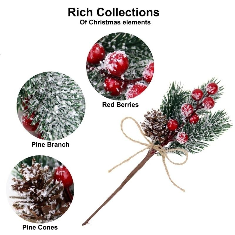 10x Artificial Christmas Picks Red Berries Stems Pine Branches Cones Xmas Decor