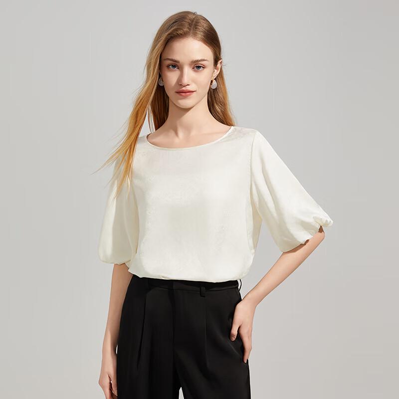 Shetu Women's Simple Round Neck Jacquard Short Sleeve Top