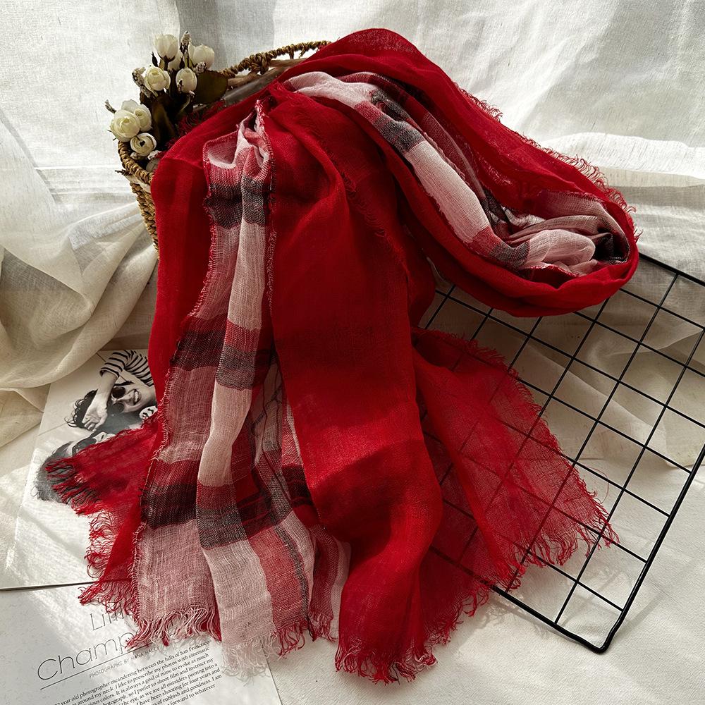 

Осенний клетчатый двухслойный льняной шарф для женщин - шаль из хлопка в ретро-британском стиле китайский красный