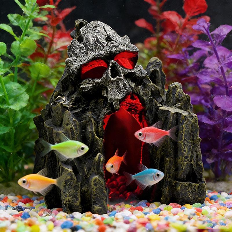 Grotta Facciale Umano e Teschio in Resina: Roccioso e Nascondiglio per Gamberetti Decorazione per Acquario e Habitat per Rettili