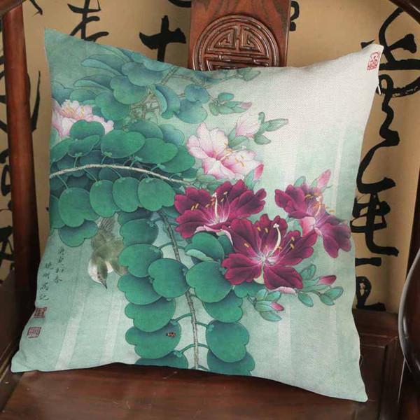 Chinese Style Vintage Ink Painting Flowers Bird Lotus Cotton Linen Decorative Cushion Cover Car Sofa Home Decoration Pillow Case