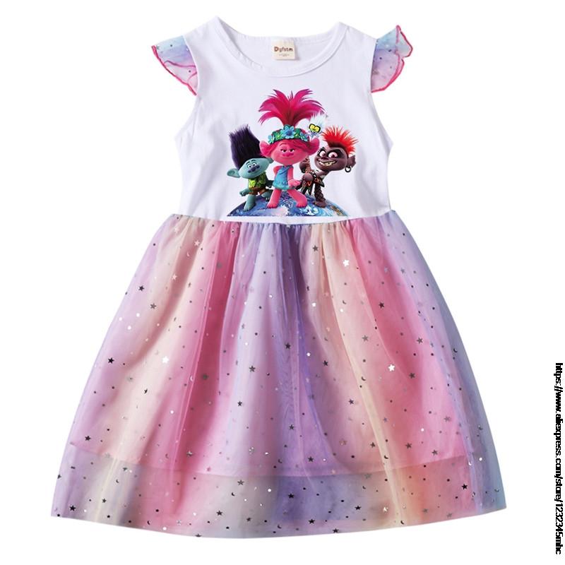 Children Cosplay Costume Trolls 2 Birthday Party Tutu Dress for Girls Sequin Top Pastel Clothing Kids Pink Vestidos 2 To 10 Year