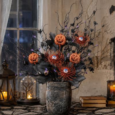 Halloween Home Decor Artificial Branch with Pumpkin And Eyeball, Black Glitter Fake Twig Festive Maple Leaves for Gothic Vase Filler, Party,