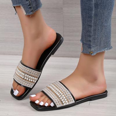 Sandales Plates de Mode pour Femmes, Pantoufles avec Perles Artificielles et Strass
