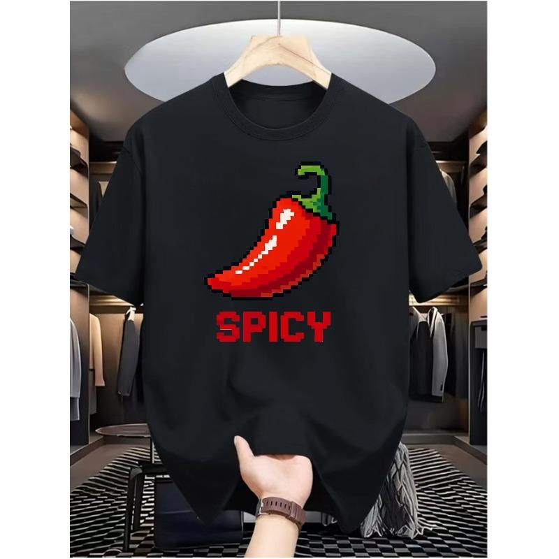 Camiseta Gráfica de Chile Picante para Hombre - Cuello Redondo Casual de Verano, Estampado Streetwear, Lavable a Máquina para Ropa Casual, Corte Relajado