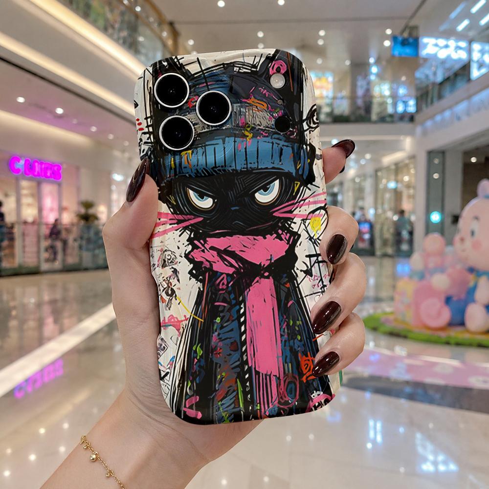 Street Graffiti Cool Black Cat Wavy Edge Phone Case For iPhone 16 15 14 Pro Max 13 12 11 Mini XR XS SE 2020 7 8 Plus Air Cover