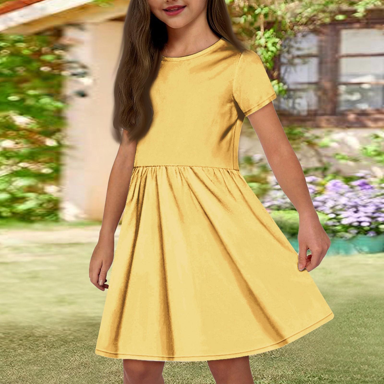 

Летнее платье для девочек, однотонное платье без рукавов с принтом и карманом, повседневное платье, вечернее платье с короткими рукавами 160 жёлтый