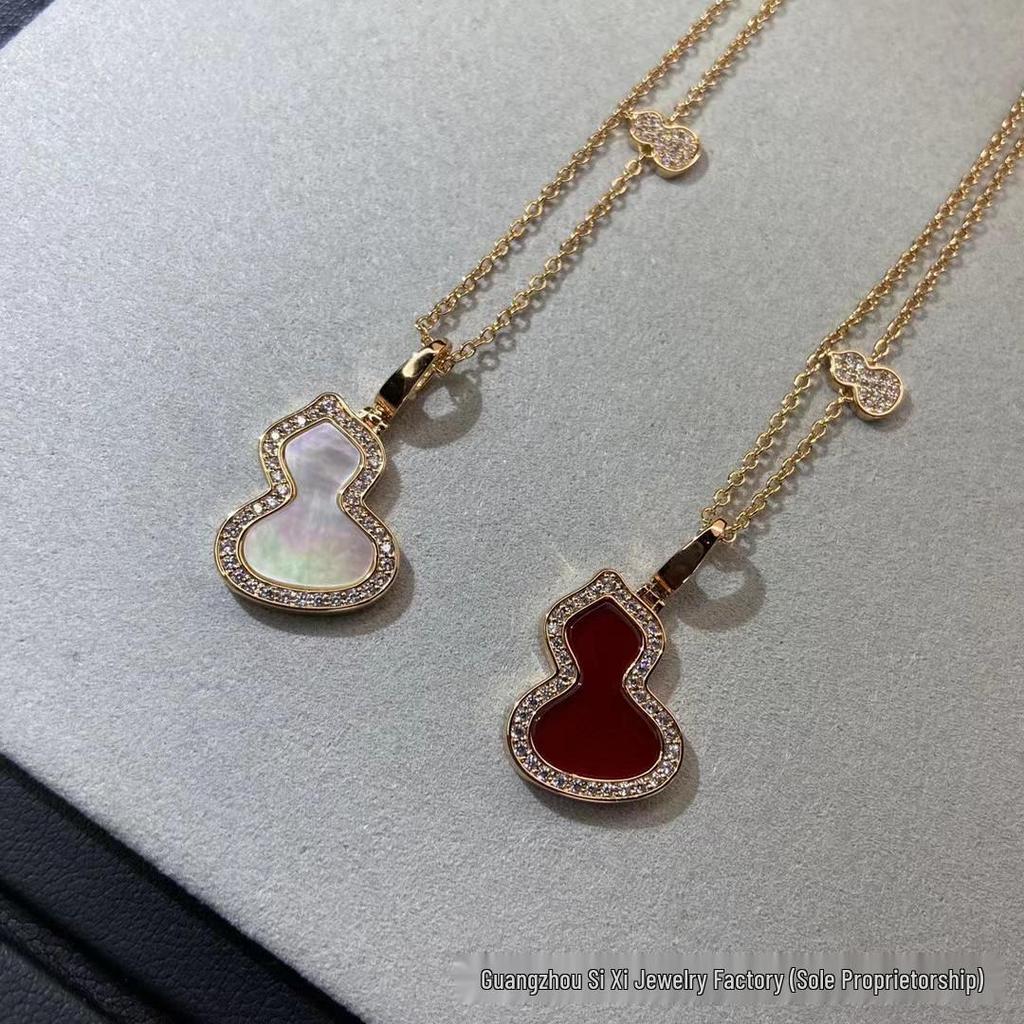 Sterling Silver Gourd Necklace & Bracelet Set with White Mother of Pearl, Red Agate, 18k Rose Gold Qilin Fu Lu Pendant On Clavicle Chain.