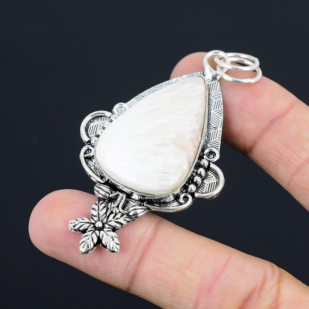 Gift For Women Pendant Flower 925 Sterling Silver Natural Scolecite Gemstone