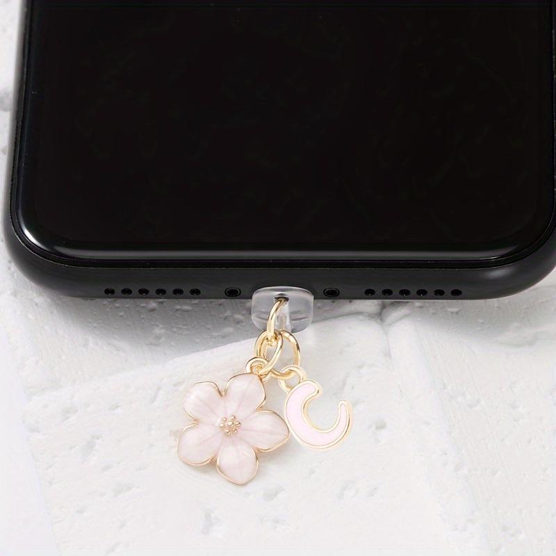 Fashionable Pink Flower Letter Phone Dust Plug, Exquisite A-Z Letter Alloy Pendant, Suitable As a Birthday Gift for Women