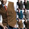 Brown Casual Gentleman Men's Vest Plaid Jacket Tweed Business Waistcoat for Wedding Best Man
