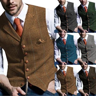 Brown Casual Gentleman Men's Vest Plaid Jacket Tweed Business Waistcoat for Wedding Best Man