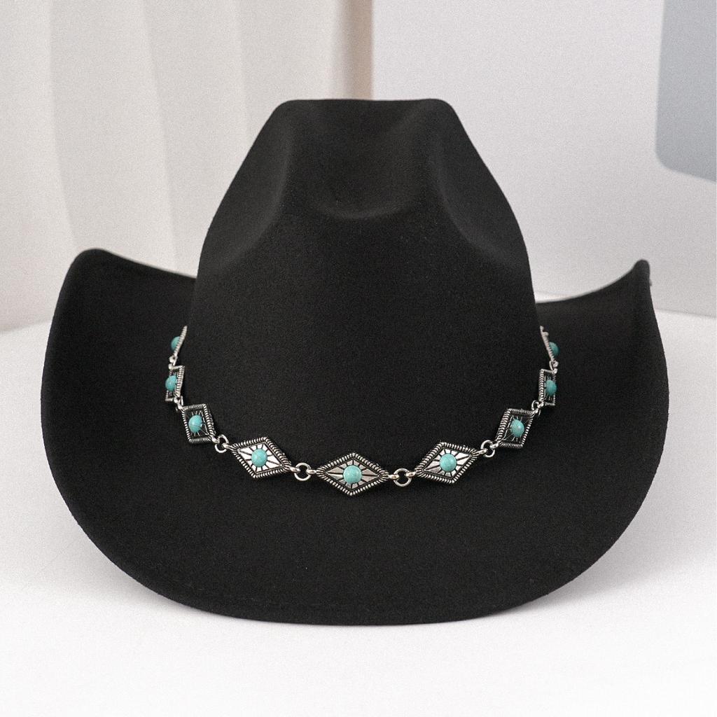 Premium Versatile Turquoise Chain Hat Fashion Casual Retro Top Hat Hat Cowboy Hat
