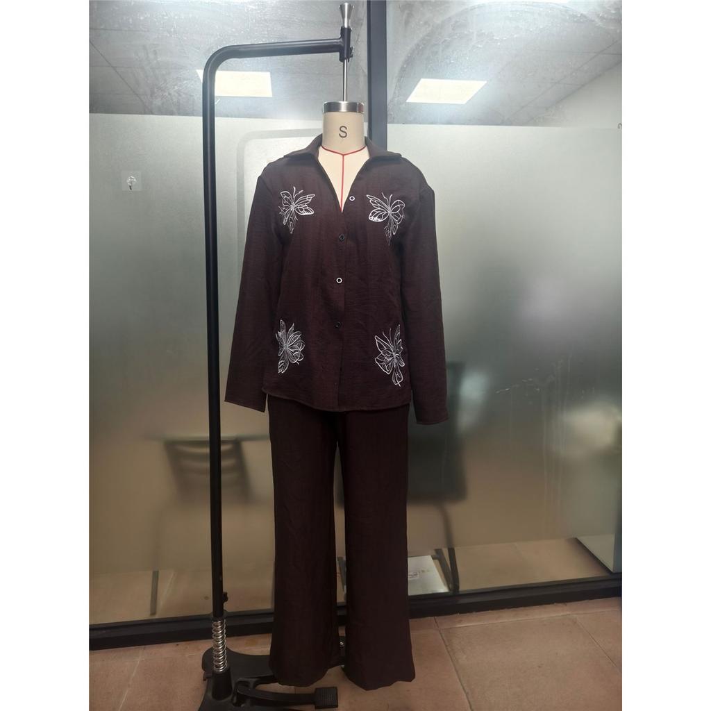 Women 2 Piece Outfit Butterfly Embroidery Lapel Shirt Wide Leg Pants Casual Loose Two‑Piece Set