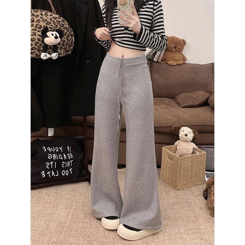 

Idle Style Drawstring Bell-Bottom Pants Casual Pants Women s Autumn Black High Waist Slim Looking Drape Bootcut Trousers Mop Trousers Light gray L